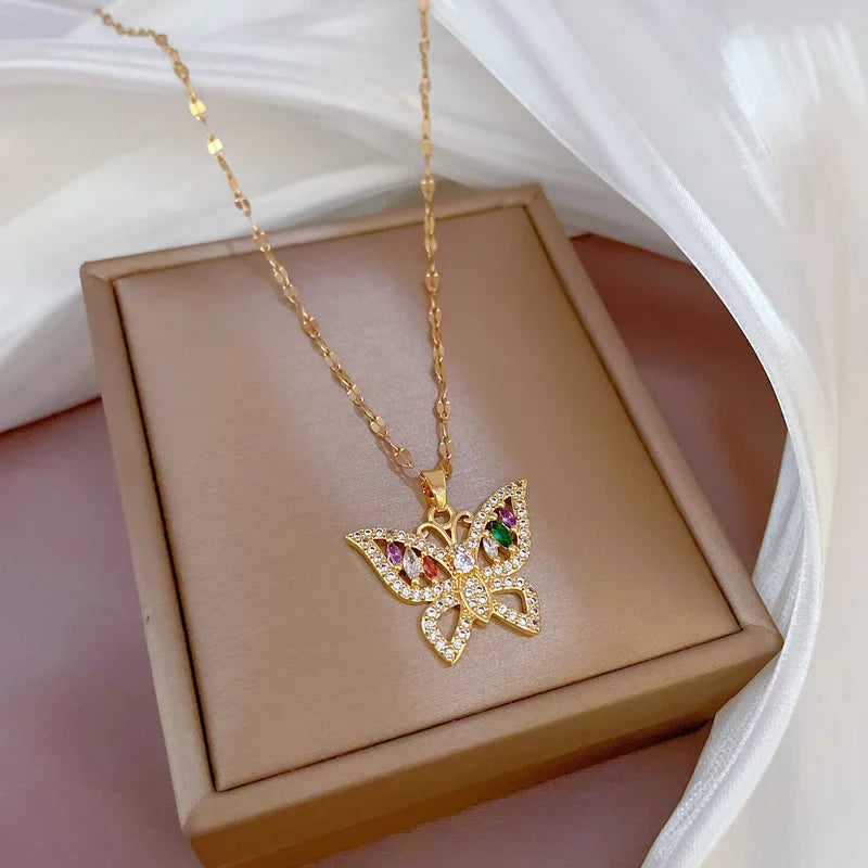 Yupsk Exquisite Titanium Steel Chain Shiny Zircon Butterfly Pendant Necklace for Women Niche Anniversary Birthday Jewelry Gift