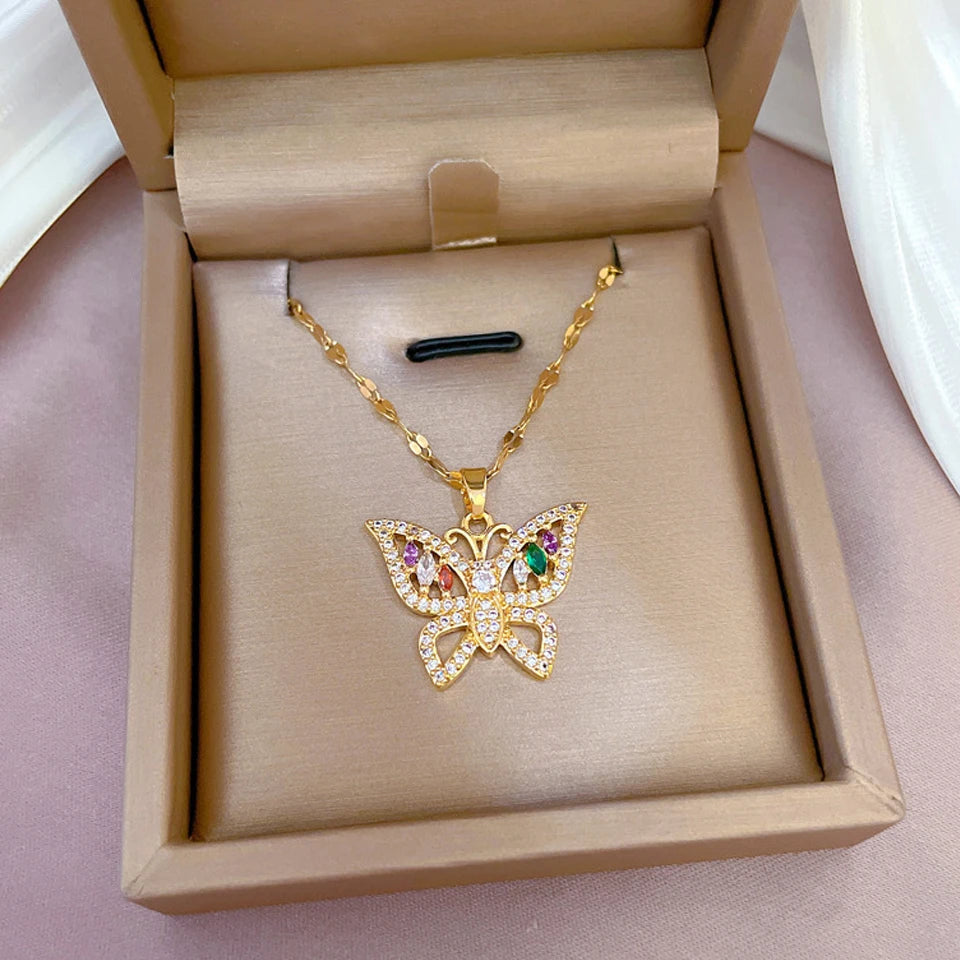 Yupsk Exquisite Titanium Steel Chain Shiny Zircon Butterfly Pendant Necklace for Women Niche Anniversary Birthday Jewelry Gift