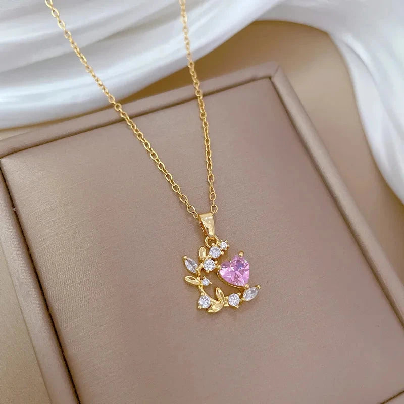 Stainless Steel Chain Pink Zircon Love Heart Leaf Pendant Necklace for Women Girls Romantic Sweet Jewelry Accessories Gifts