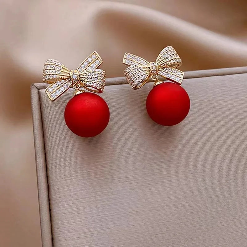 New Fashion Korean Crystal Bow Drop Earrings White Red Round Imitation Pearl Dangle Earrings for Women Elegant Party Jewelry