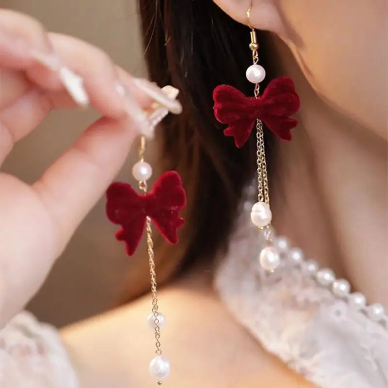 New Wine Red Velvet Rose Pearl Earrings for Women Vintage Red Rose Elegant High-end Studs Earrings Jewelry Accessories серьги