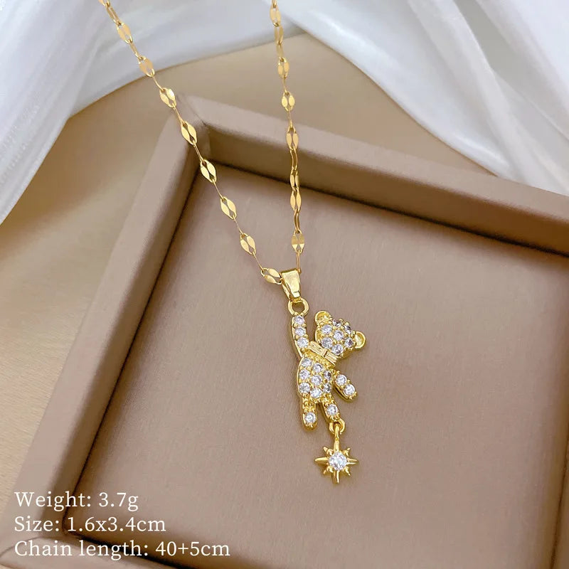 Over 30 Styles 2025 New Bear Necklace Titanium Steel Zircon Micro Inlaid Copper Pendant Collarbone Chain Souvenir Gift