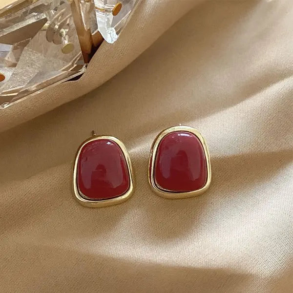 Vintage Red Enamel Round Heart Geometric Stud Earrings For Women Luxury Imitation Pearl Square Weddings Earring Jewelry Gift
