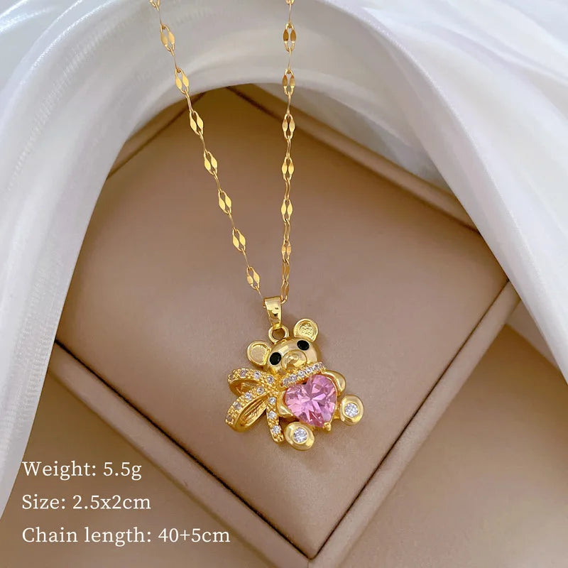 Over 30 Styles 2025 New Bear Necklace Titanium Steel Zircon Micro Inlaid Copper Pendant Collarbone Chain Souvenir Gift