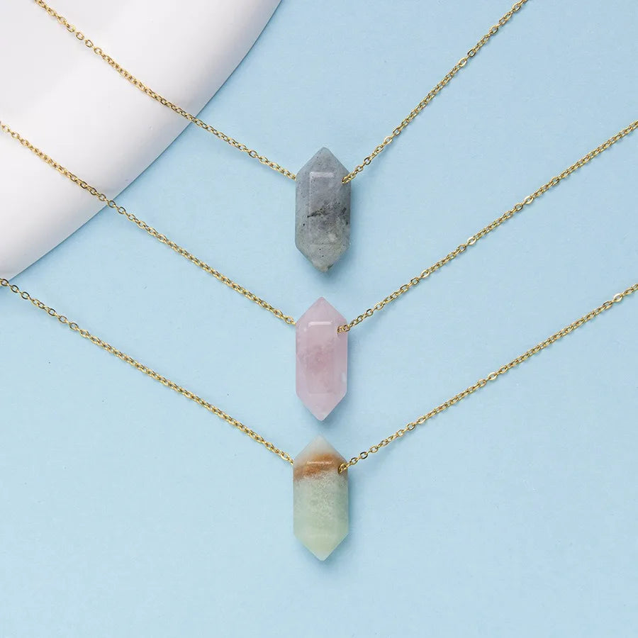 Natural Crystal Stone Necklace Womens Stainless Steel Chain Small Hexagonal Six Pointed Yellow Purple Crystal Pendant Necklace