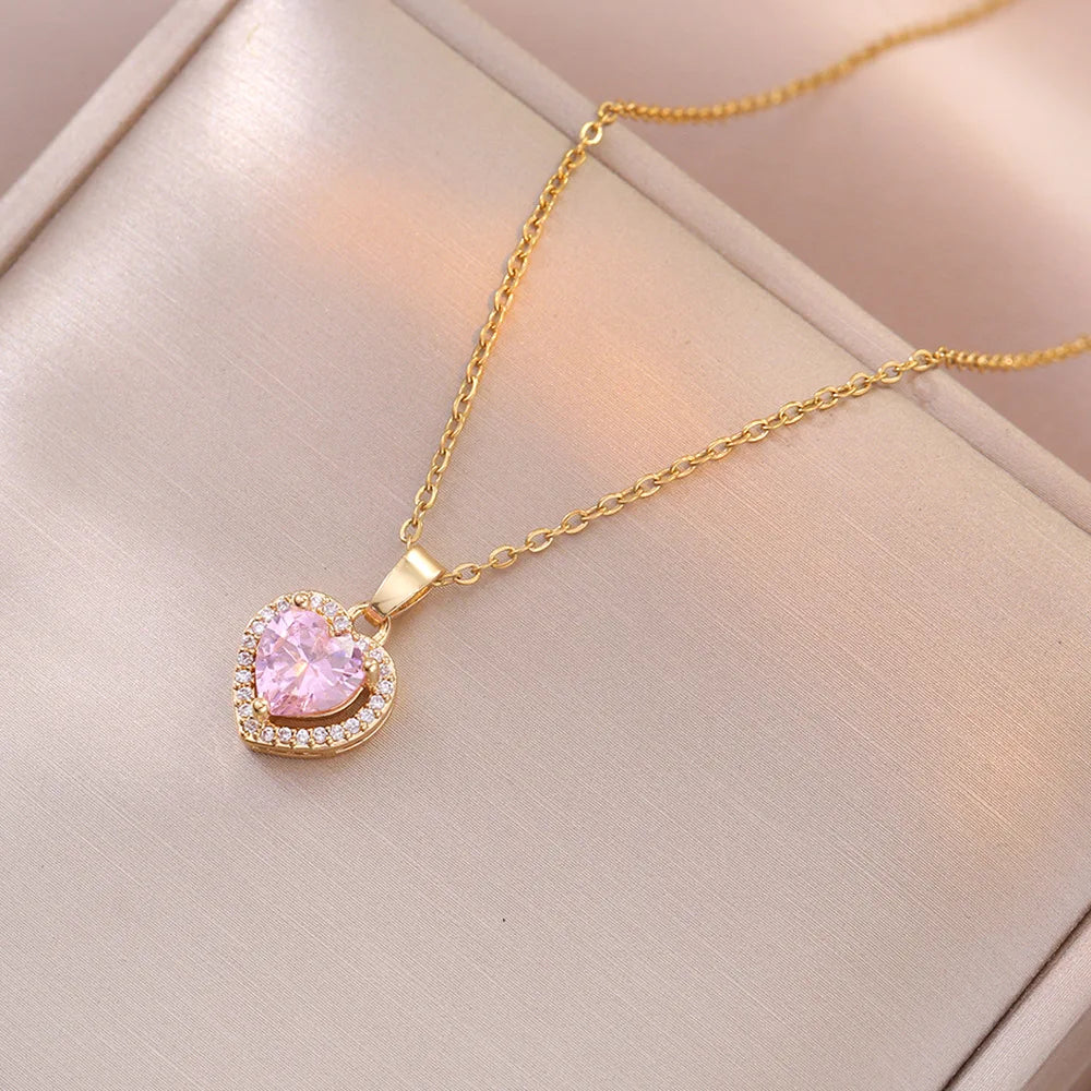 Stainless Steel Chain Pink Heart-shaped Zircon Pendant Necklace for Women Lady Sweet Jewelry Accessories Gifts
