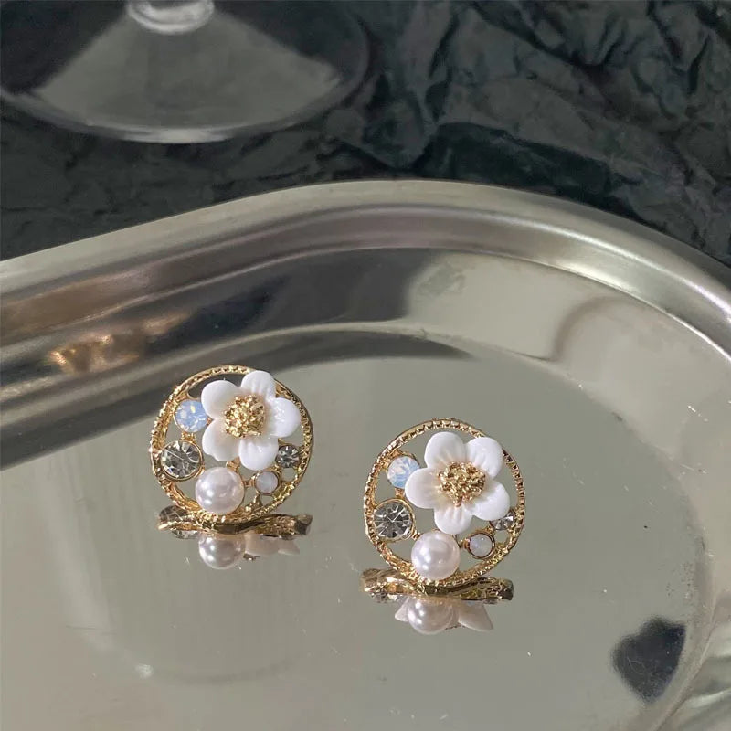 Hollow Y2k Pink Crystal Flower Pearl Ear Studs Summer New Arrival  Korean Fashion Luxury Hoop Earrings For Women Jewelry Gift