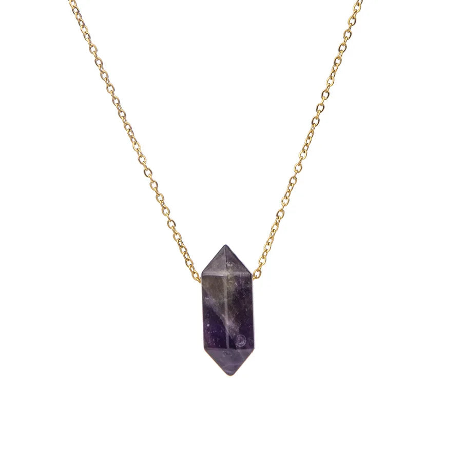 Natural Crystal Stone Necklace Womens Stainless Steel Chain Small Hexagonal Six Pointed Yellow Purple Crystal Pendant Necklace