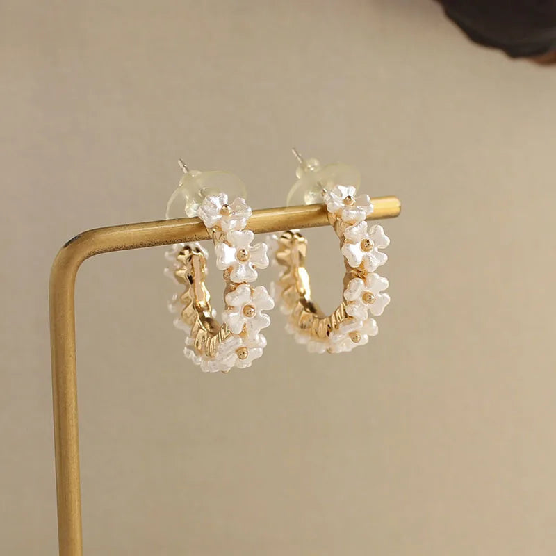 Hollow Y2k Pink Crystal Flower Pearl Ear Studs Summer New Arrival  Korean Fashion Luxury Hoop Earrings For Women Jewelry Gift