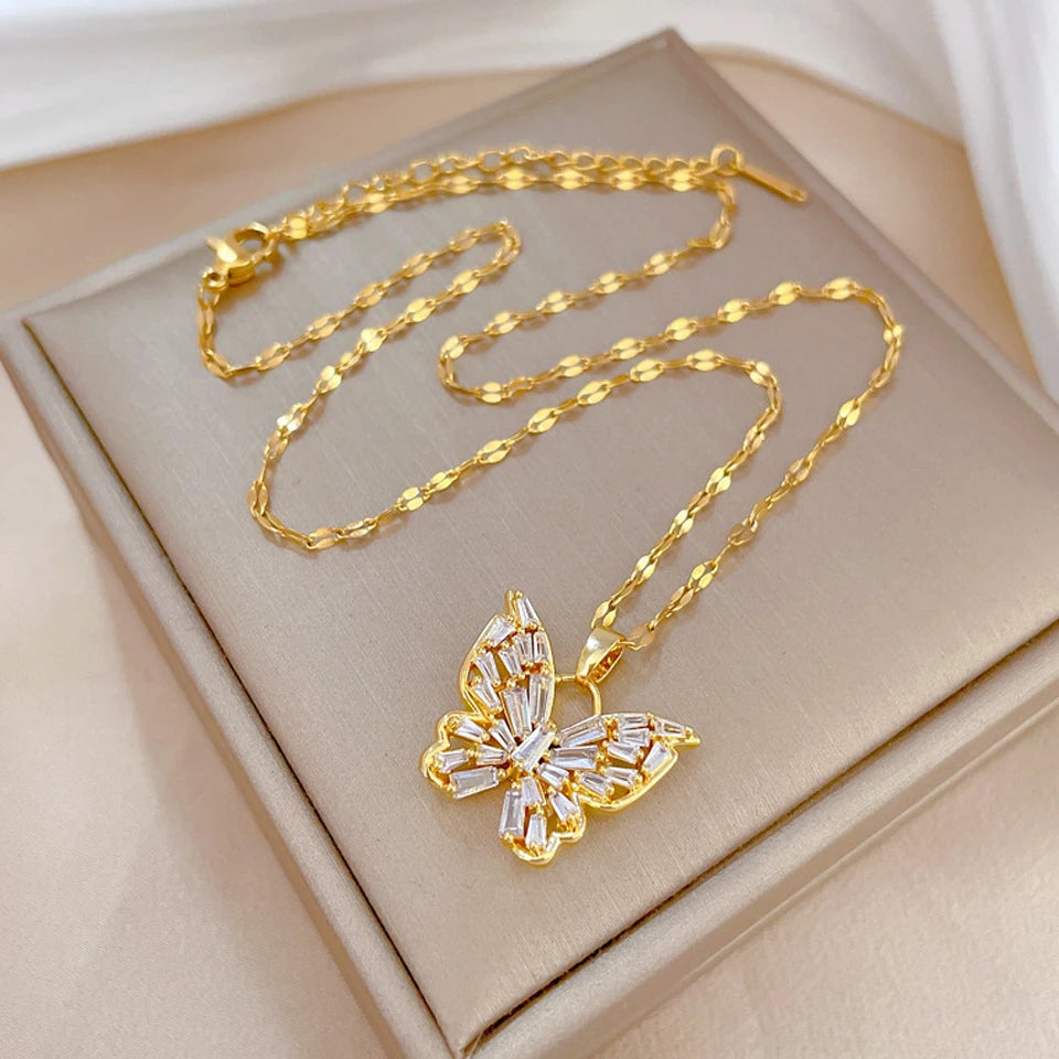 Yupsk Exquisite Titanium Steel Chain Shiny Zircon Butterfly Pendant Necklace for Women Niche Anniversary Birthday Jewelry Gift