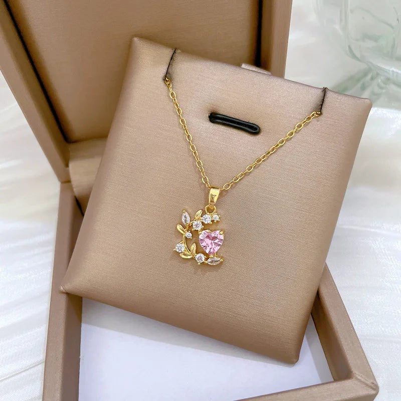 Stainless Steel Chain Pink Zircon Love Heart Leaf Pendant Necklace for Women Girls Romantic Sweet Jewelry Accessories Gifts