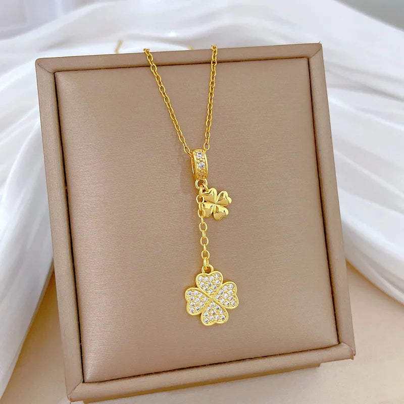 Luxurious Titanium Steel Women's Necklace with Clover Tassel Elegant Choker Chain Lightweight Versatile Design for Any Occasion