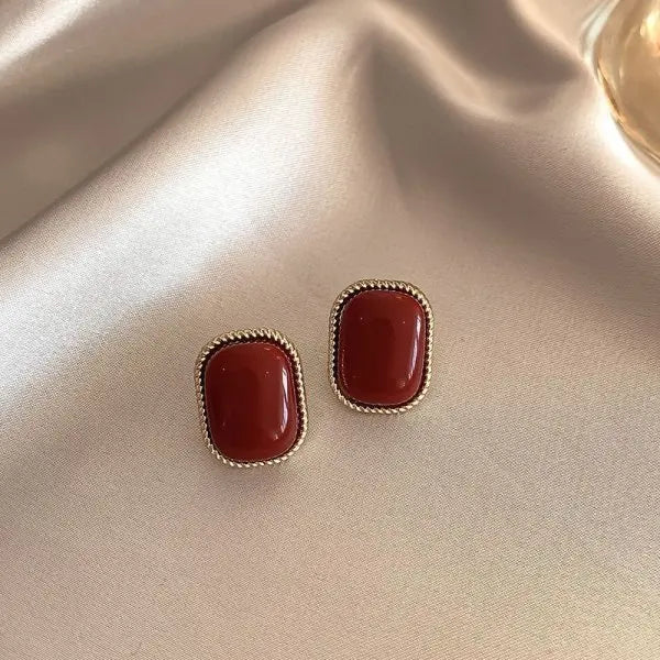 Vintage Red Enamel Round Heart Geometric Stud Earrings For Women Luxury Imitation Pearl Square Weddings Earring Jewelry Gift