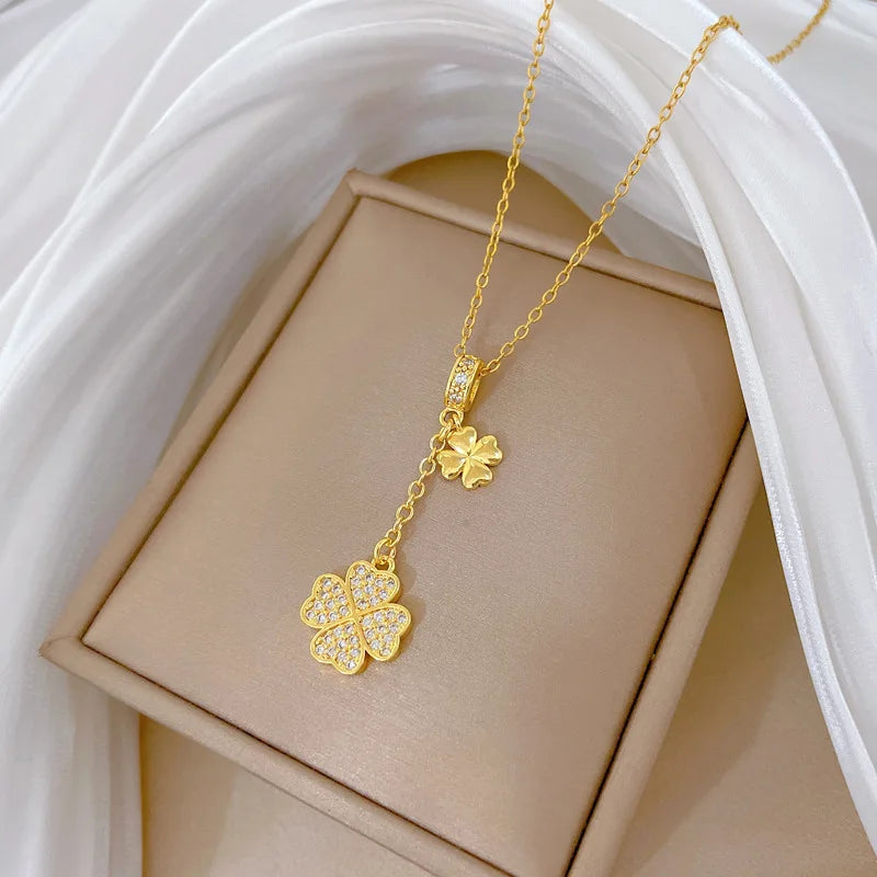 Luxurious Titanium Steel Women's Necklace with Clover Tassel Elegant Choker Chain Lightweight Versatile Design for Any Occasion