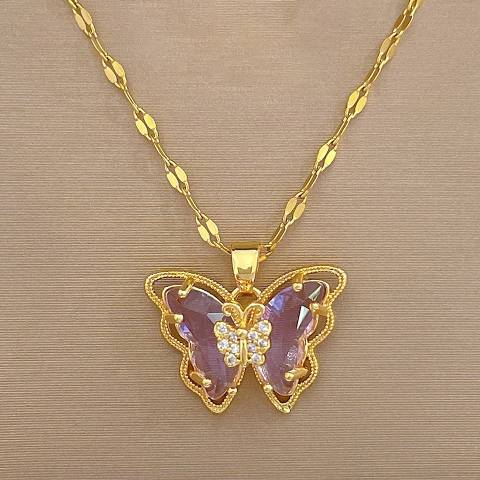 Yupsk Exquisite Titanium Steel Chain Shiny Zircon Butterfly Pendant Necklace for Women Niche Anniversary Birthday Jewelry Gift
