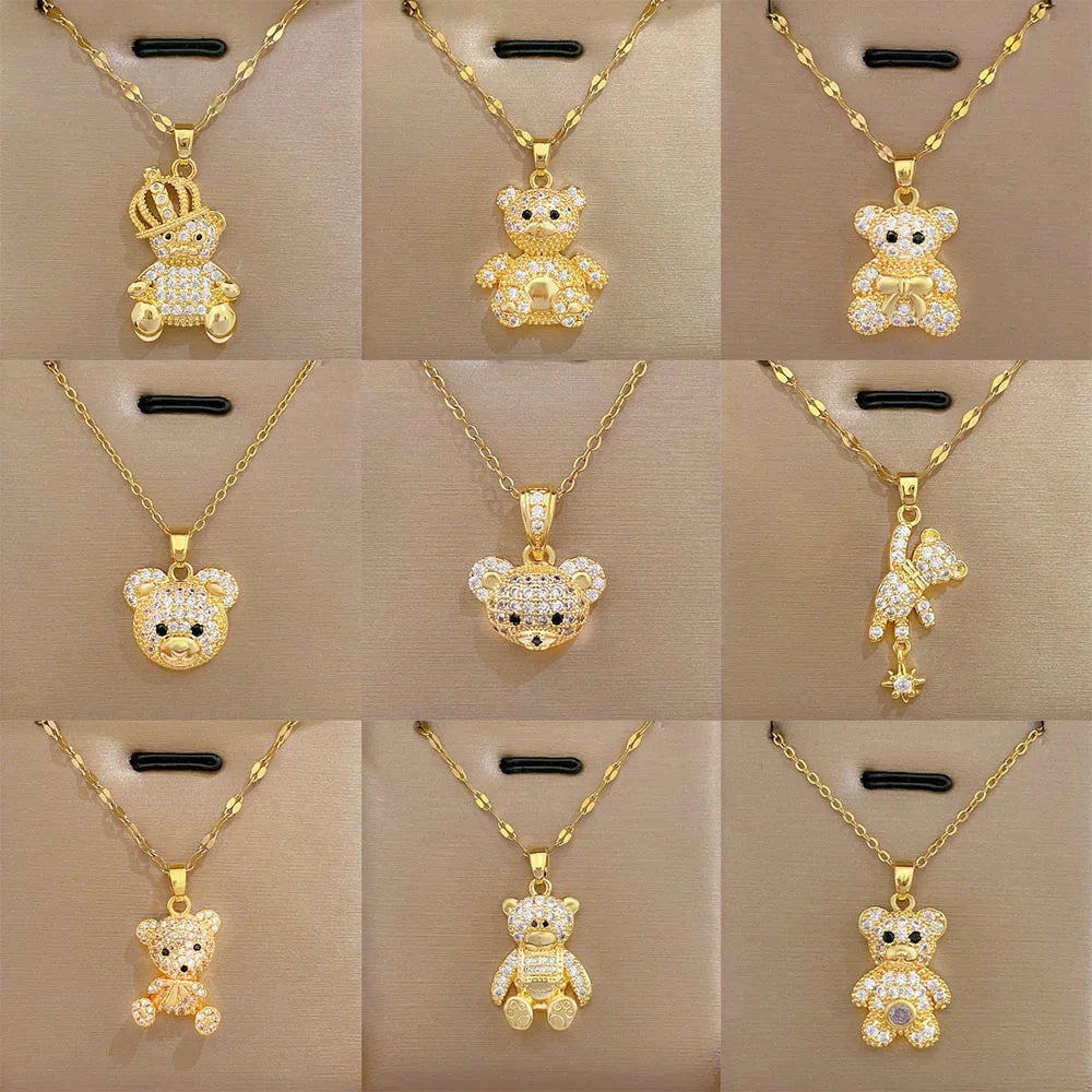 Over 30 Styles 2025 New Bear Necklace Titanium Steel Zircon Micro Inlaid Copper Pendant Collarbone Chain Souvenir Gift