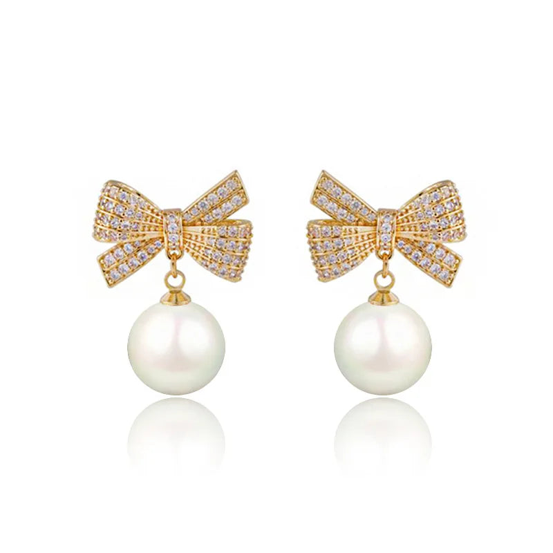 New Fashion Korean Crystal Bow Drop Earrings White Red Round Imitation Pearl Dangle Earrings for Women Elegant Party Jewelry