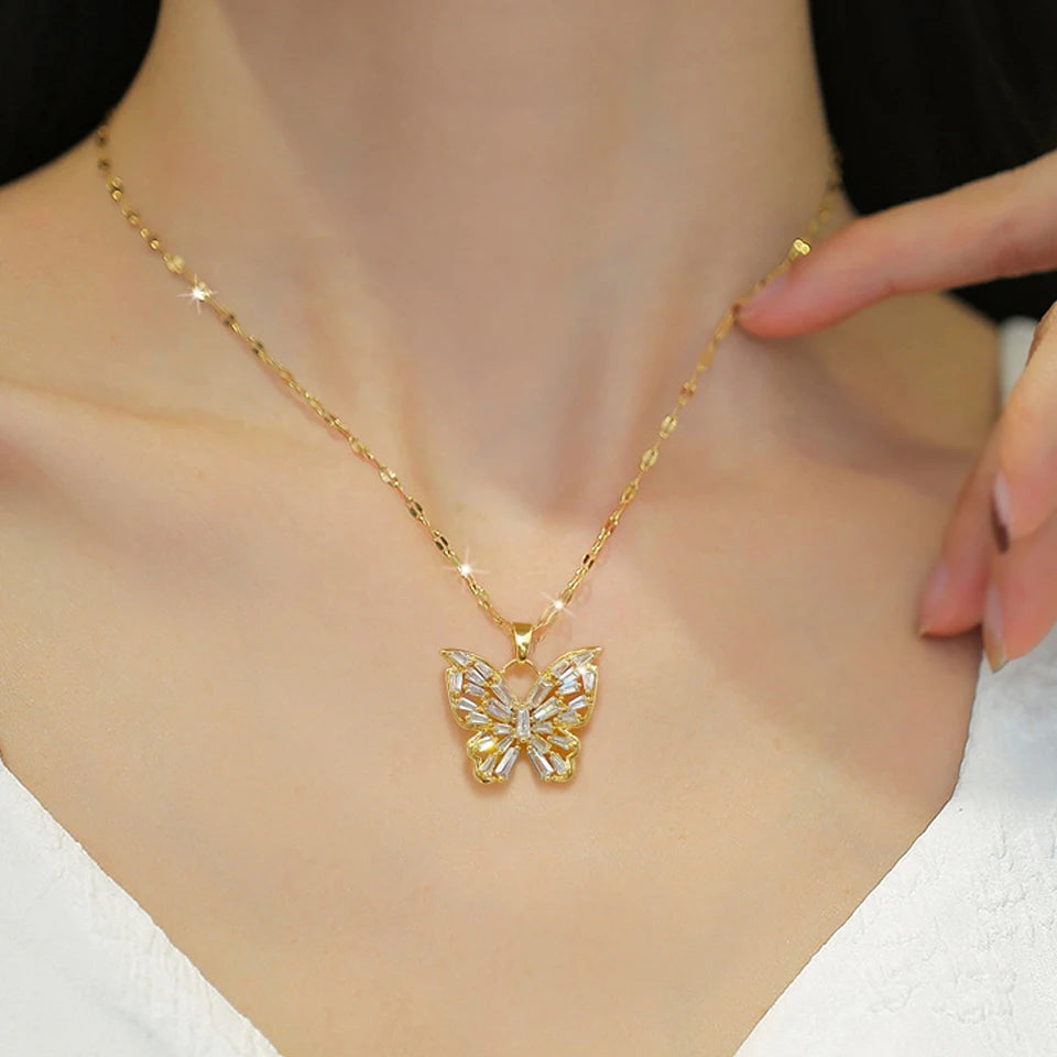 Yupsk Exquisite Titanium Steel Chain Shiny Zircon Butterfly Pendant Necklace for Women Niche Anniversary Birthday Jewelry Gift
