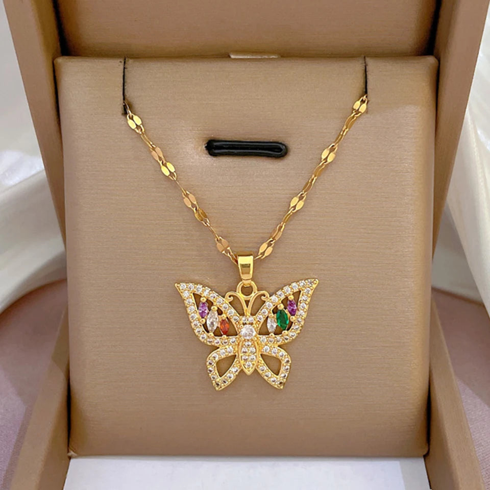 Yupsk Exquisite Titanium Steel Chain Shiny Zircon Butterfly Pendant Necklace for Women Niche Anniversary Birthday Jewelry Gift