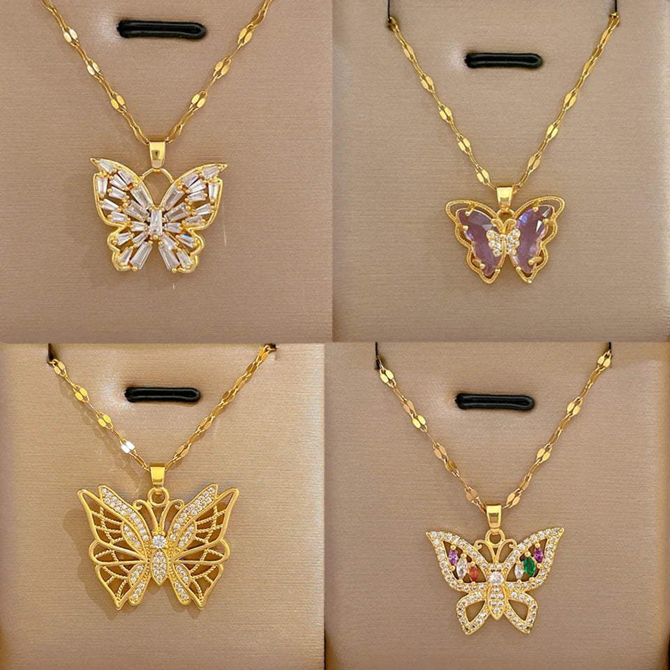 Yupsk Exquisite Titanium Steel Chain Shiny Zircon Butterfly Pendant Necklace for Women Niche Anniversary Birthday Jewelry Gift