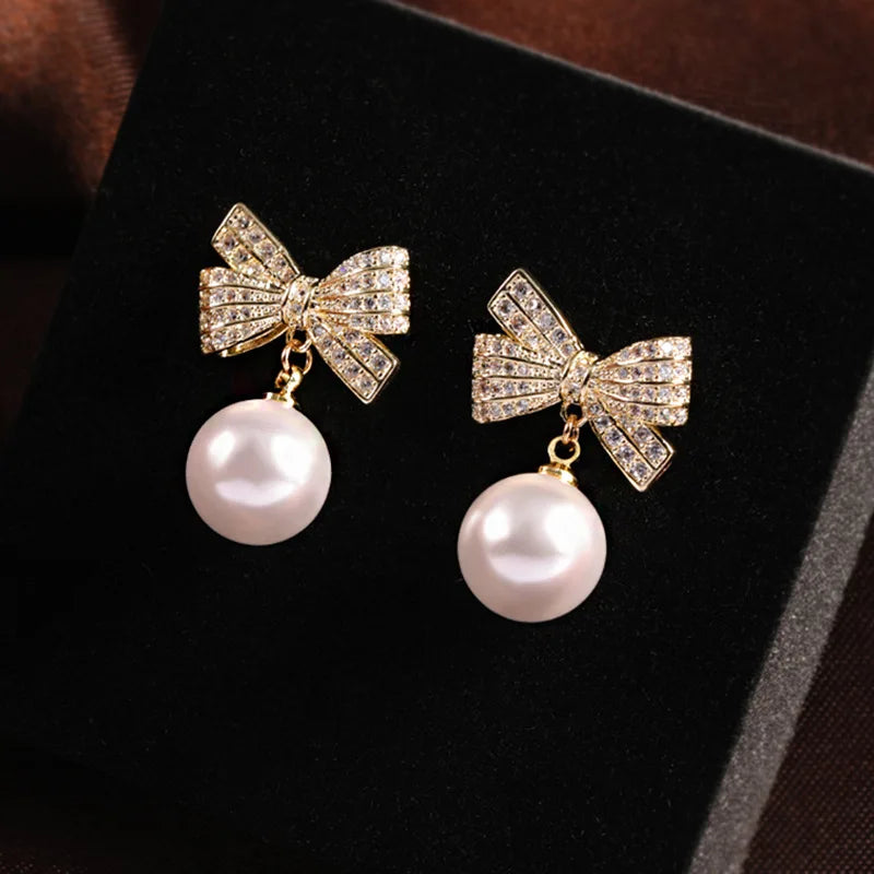 New Fashion Korean Crystal Bow Drop Earrings White Red Round Imitation Pearl Dangle Earrings for Women Elegant Party Jewelry