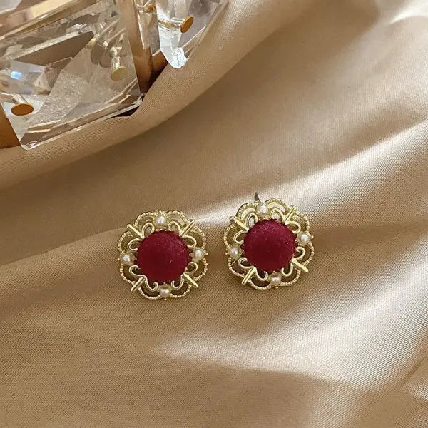 Vintage Red Enamel Round Heart Geometric Stud Earrings For Women Luxury Imitation Pearl Square Weddings Earring Jewelry Gift