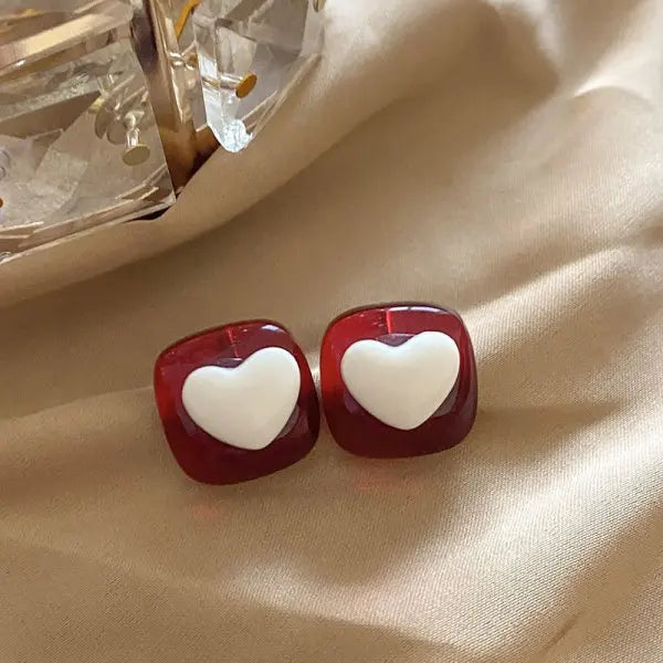 Vintage Red Enamel Round Heart Geometric Stud Earrings For Women Luxury Imitation Pearl Square Weddings Earring Jewelry Gift