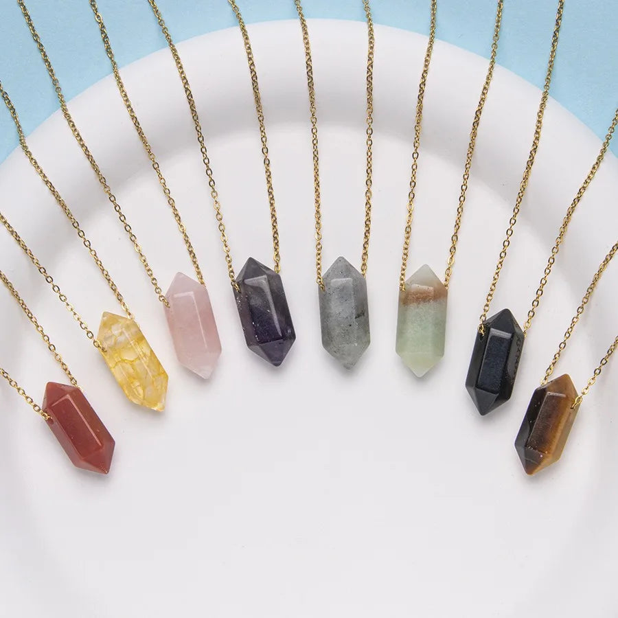 Natural Crystal Stone Necklace Womens Stainless Steel Chain Small Hexagonal Six Pointed Yellow Purple Crystal Pendant Necklace