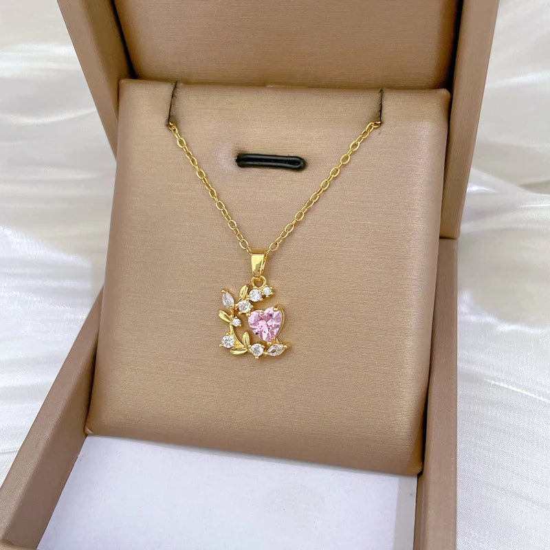 Stainless Steel Chain Pink Zircon Love Heart Leaf Pendant Necklace for Women Girls Romantic Sweet Jewelry Accessories Gifts
