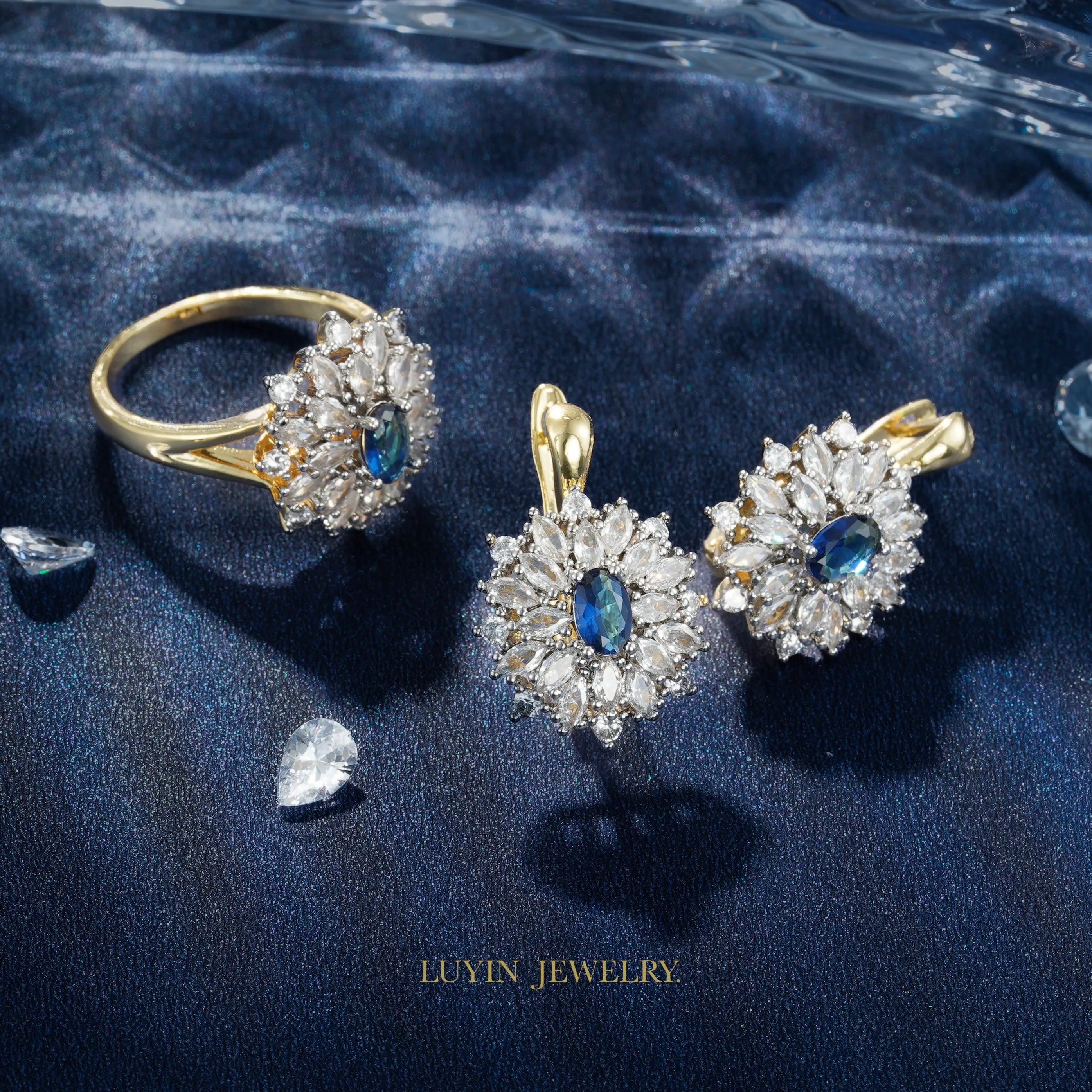 LUYIN New Design Vintage Style Earrings Ring Jewelry Set For Women Copper 14K Gold 2Color Plated Party Gorgeous Accessories Gift