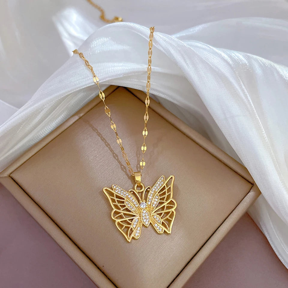 Yupsk Exquisite Titanium Steel Chain Shiny Zircon Butterfly Pendant Necklace for Women Niche Anniversary Birthday Jewelry Gift