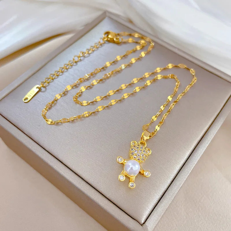 Over 30 Styles 2025 New Bear Necklace Titanium Steel Zircon Micro Inlaid Copper Pendant Collarbone Chain Souvenir Gift
