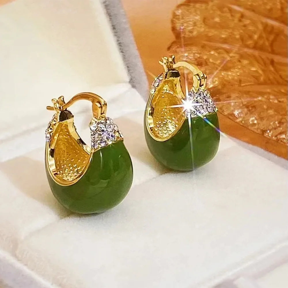 Green Flower Stud Earrings Crystal Dangle Earrings for Women Cute Zircon Flower Clip Light Luxury Casual Party Jewelry Gifts