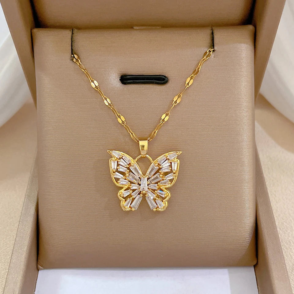 Yupsk Exquisite Titanium Steel Chain Shiny Zircon Butterfly Pendant Necklace for Women Niche Anniversary Birthday Jewelry Gift