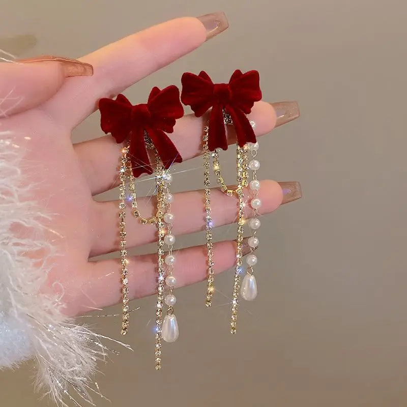 New Wine Red Velvet Rose Pearl Earrings for Women Vintage Red Rose Elegant High-end Studs Earrings Jewelry Accessories серьги