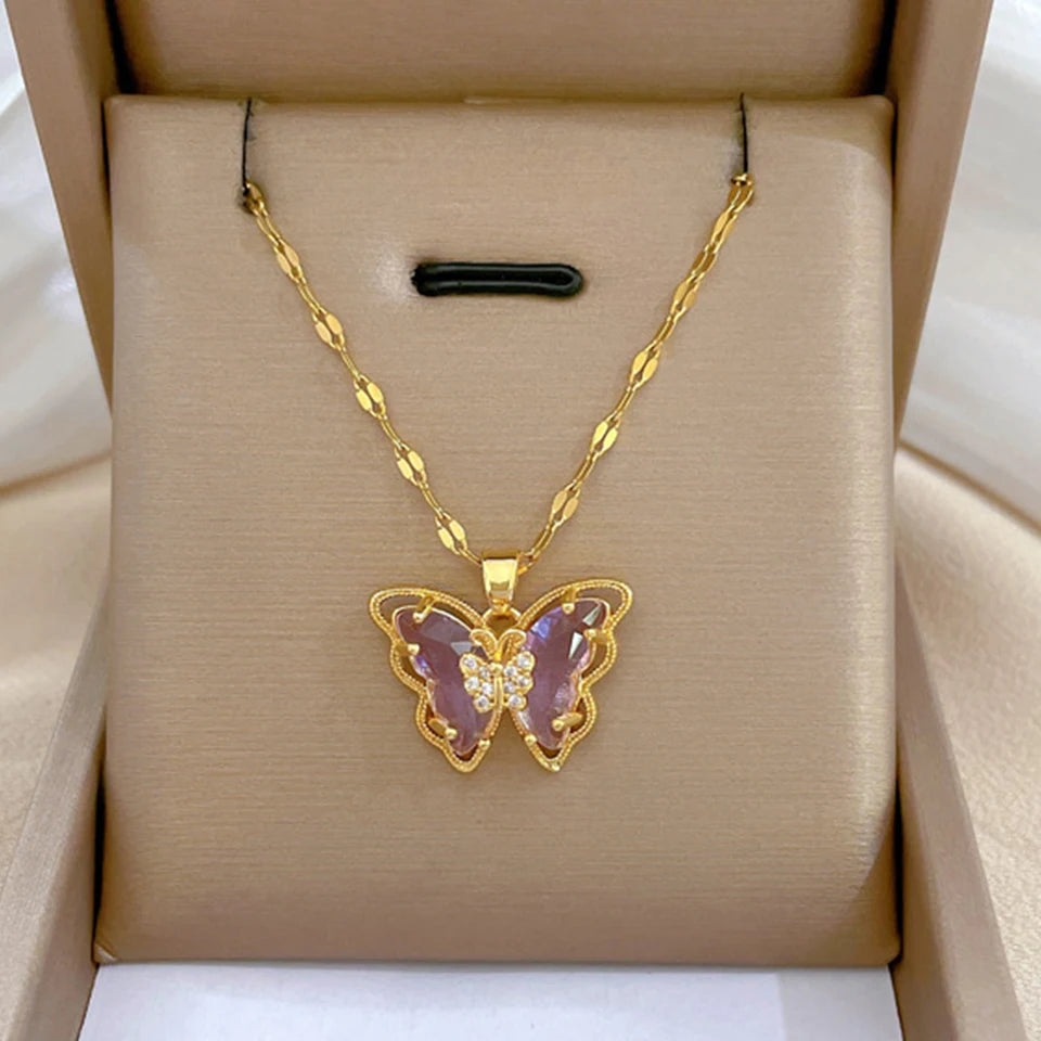 Yupsk Exquisite Titanium Steel Chain Shiny Zircon Butterfly Pendant Necklace for Women Niche Anniversary Birthday Jewelry Gift