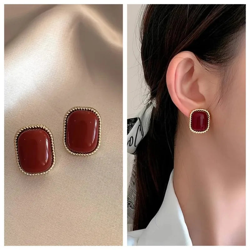 New Wine Red Velvet Rose Pearl Earrings for Women Vintage Red Rose Elegant High-end Studs Earrings Jewelry Accessories серьги