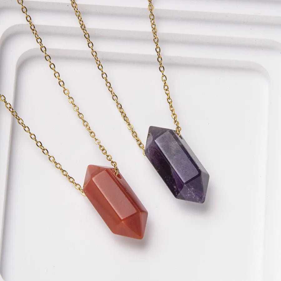 Natural Crystal Stone Necklace Womens Stainless Steel Chain Small Hexagonal Six Pointed Yellow Purple Crystal Pendant Necklace