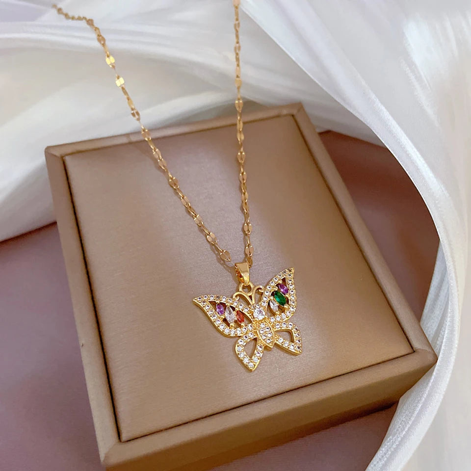 Yupsk Exquisite Titanium Steel Chain Shiny Zircon Butterfly Pendant Necklace for Women Niche Anniversary Birthday Jewelry Gift