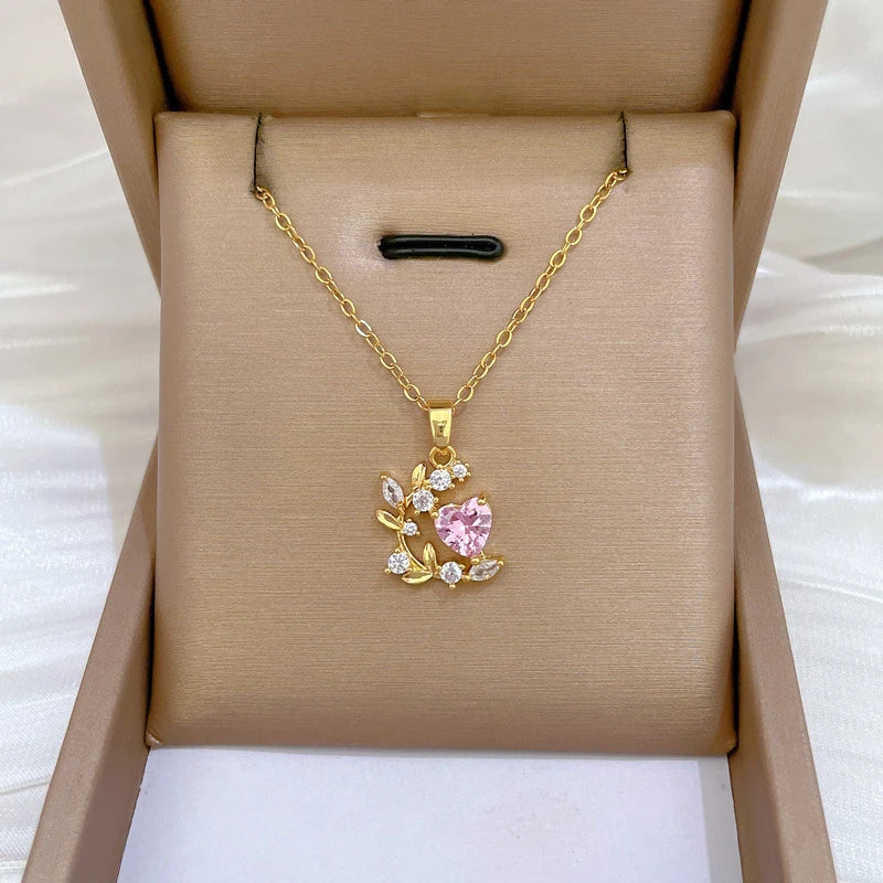 Stainless Steel Chain Pink Zircon Love Heart Leaf Pendant Necklace for Women Girls Romantic Sweet Jewelry Accessories Gifts