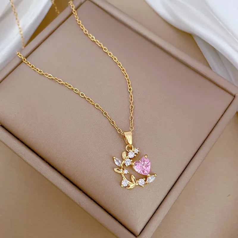 Stainless Steel Chain Pink Zircon Love Heart Leaf Pendant Necklace for Women Girls Romantic Sweet Jewelry Accessories Gifts