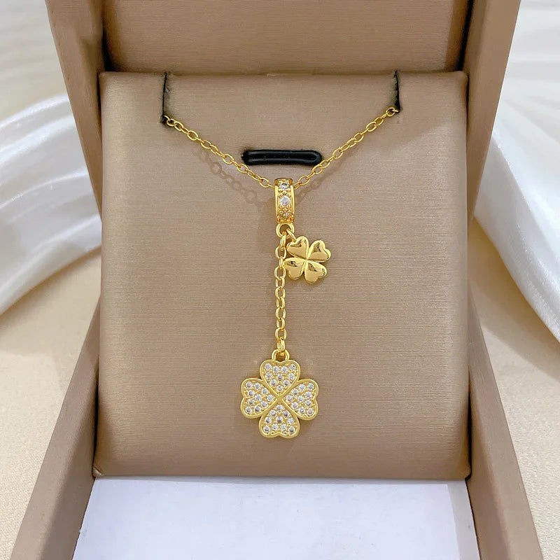 Luxurious Titanium Steel Women's Necklace with Clover Tassel Elegant Choker Chain Lightweight Versatile Design for Any Occasion