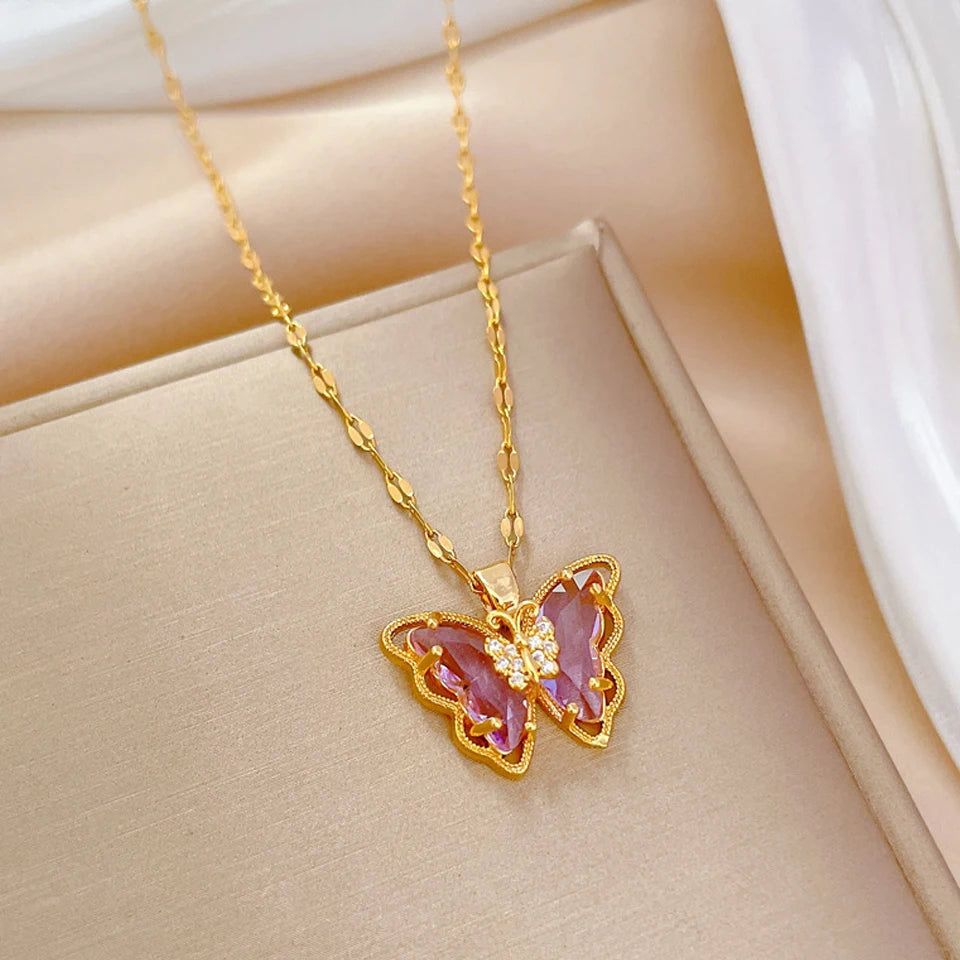 Yupsk Exquisite Titanium Steel Chain Shiny Zircon Butterfly Pendant Necklace for Women Niche Anniversary Birthday Jewelry Gift