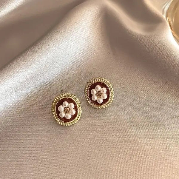 Vintage Red Enamel Round Heart Geometric Stud Earrings For Women Luxury Imitation Pearl Square Weddings Earring Jewelry Gift