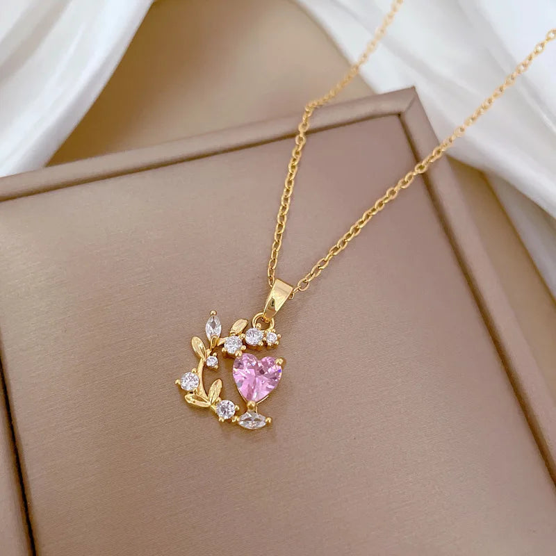 Stainless Steel Chain Pink Zircon Love Heart Leaf Pendant Necklace for Women Girls Romantic Sweet Jewelry Accessories Gifts