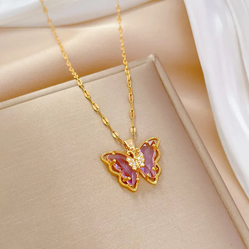 Yupsk Exquisite Titanium Steel Chain Shiny Zircon Butterfly Pendant Necklace for Women Niche Anniversary Birthday Jewelry Gift