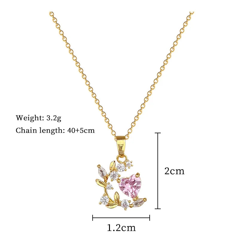 Stainless Steel Chain Pink Zircon Love Heart Leaf Pendant Necklace for Women Girls Romantic Sweet Jewelry Accessories Gifts