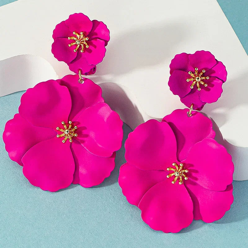 Women Fuchsia Flower Drop Earrings Fashion Jewelry Vintage Temperament Sweet Flower Dangle Earring for Women Holiday Bridal