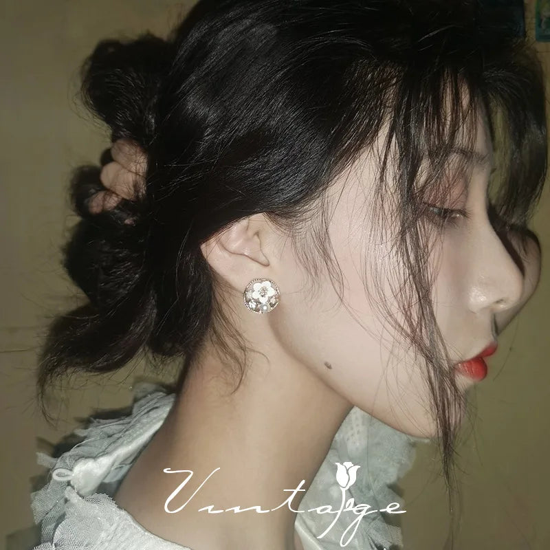 Hollow Y2k Pink Crystal Flower Pearl Ear Studs Summer New Arrival  Korean Fashion Luxury Hoop Earrings For Women Jewelry Gift