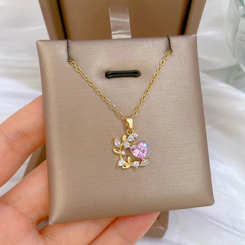 Stainless Steel Chain Pink Zircon Love Heart Leaf Pendant Necklace for Women Girls Romantic Sweet Jewelry Accessories Gifts